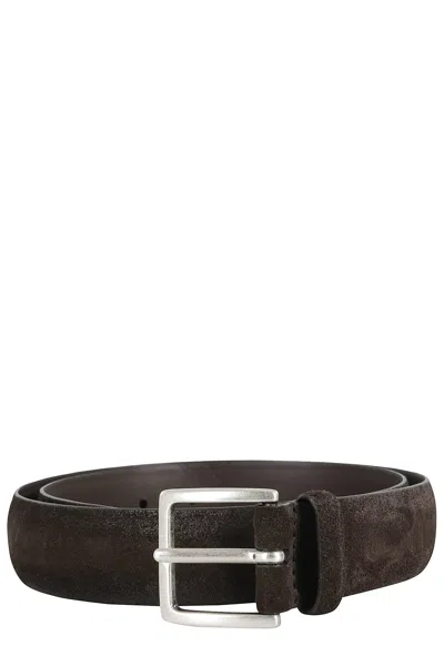 Orciani Cloudy Dark Suede Belt With Silver Buckle In Brown