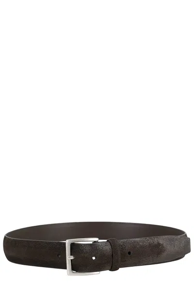 Orciani Cloudy Dark Suede Belt With Silver Buckle In Brown