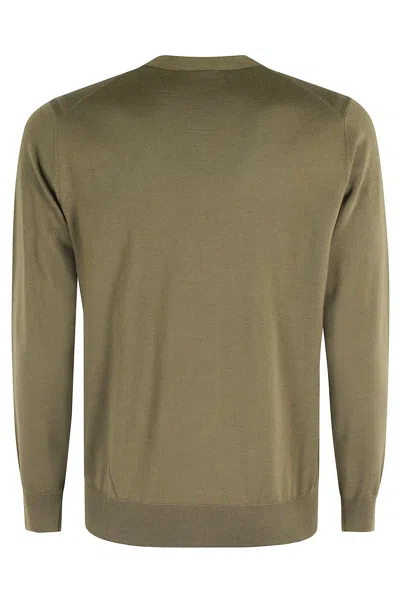 Paolo Pecora Fine Knit Olive Green Crew Neck Sweater In Green