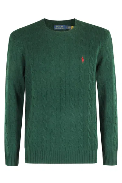 Polo Ralph Lauren Green Cable Knit Crewneck Sweater With Pony Embroidery On The Front In Wool And Cashmere Man