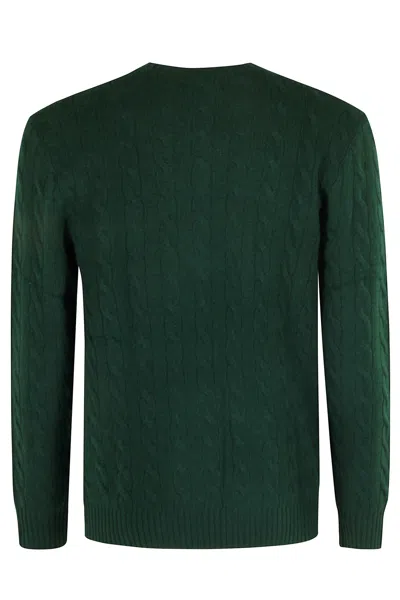 Polo Ralph Lauren Green Cable Knit Crewneck Sweater With Pony Embroidery On The Front In Wool And Cashmere Man
