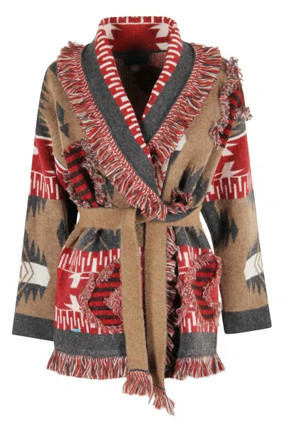 Alanui Tribal-pattern Knit Cardigan With Shawl Collar And Fringed Edges In Brown
