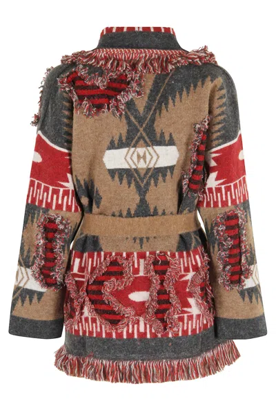 Alanui Tribal-pattern Knit Cardigan With Shawl Collar And Fringed Edges In Brown