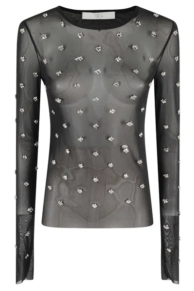 Tela Sheer Long-sleeve Sweater With Rhinestone Embellishments In Black