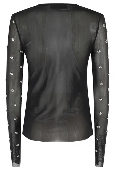 Tela Sheer Long-sleeve Sweater With Rhinestone Embellishments In Black