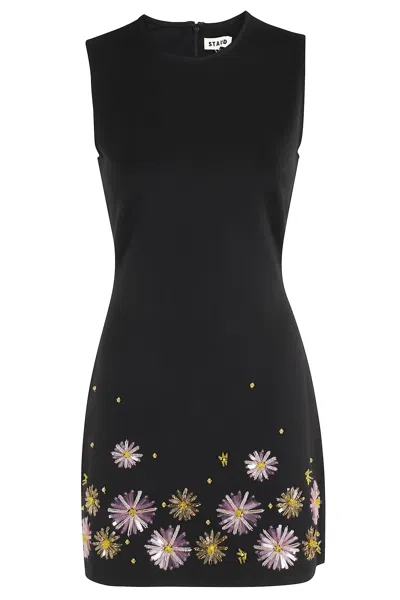 Staud Dahlia Beaded-flower Sleeveless Mini Dress In Black
