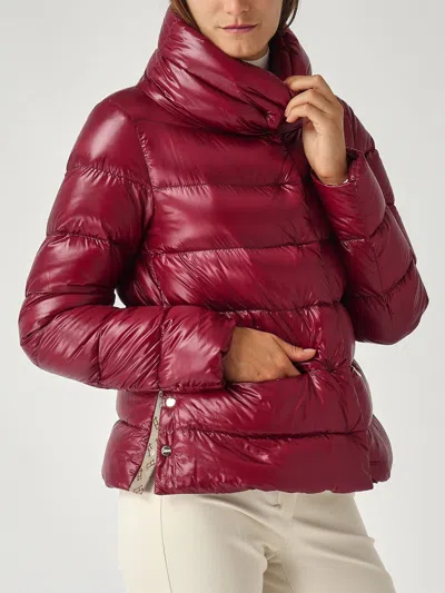 Herno Glossy Padded Jacket With High Collar And Horizontal Quilting In Burgundy