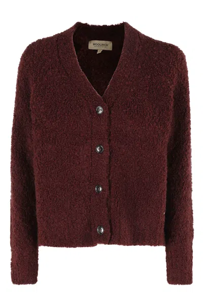 Woolrich Textured Boucle Cardigan With V-neckline And Long Sleeves In Burgundy