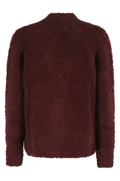 Woolrich Textured Boucle Cardigan With V-neckline And Long Sleeves In Burgundy