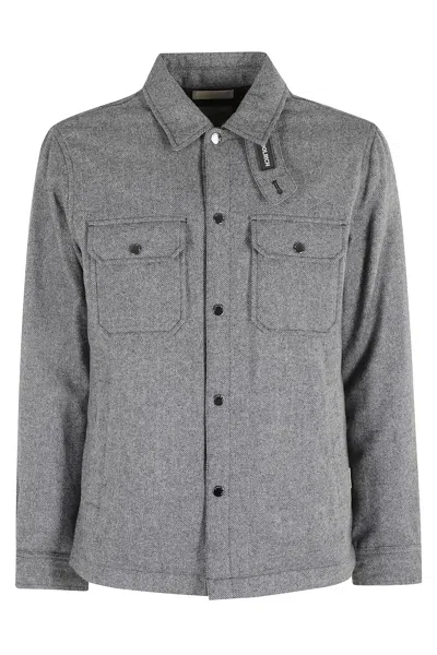 Woolrich Grey Patterned Wool Blend Overshirt With Classic Collar And Snap-button Fastening In Gray