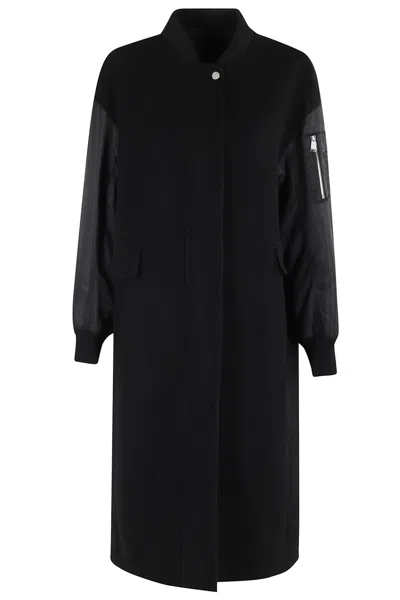 Pinko Long Bomber Coat In Wool And Nylon In Black