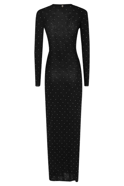 Rabanne Fitted Long Knit Dress With Round Neckline And Rhinestone Embellishments In Black