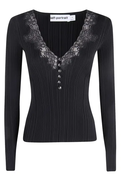 Self-portrait Black Lace Trim Knit Top In Black