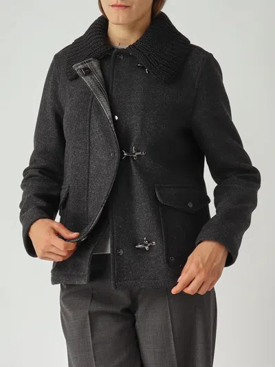Fay Three-hook Wool Jacket With Removable Ribbed Collar And Iconic Closure In Gray