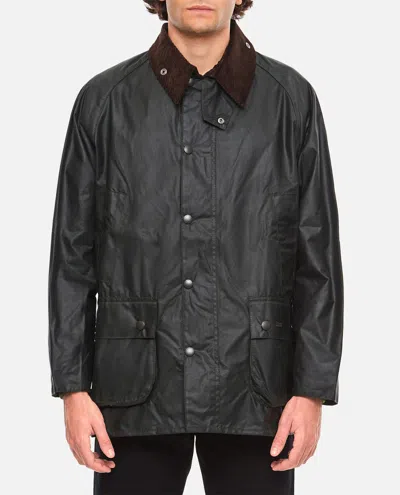 Barbour Waxed Jacket With Pockets And Velvet Collar In Black