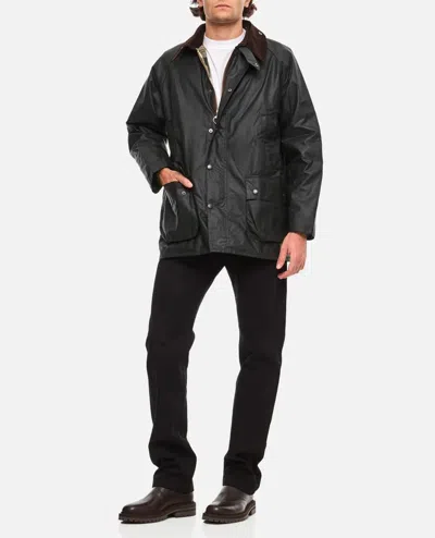 Barbour Waxed Jacket With Pockets And Velvet Collar In Black