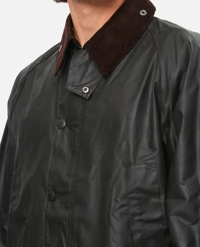 Barbour Waxed Jacket With Pockets And Velvet Collar In Black