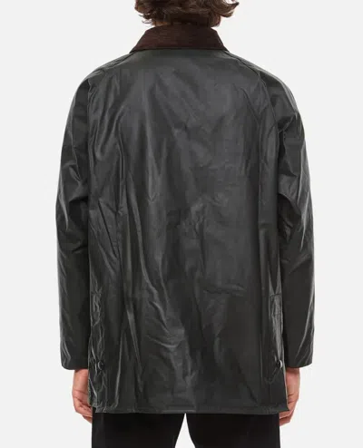 Barbour Waxed Jacket With Pockets And Velvet Collar In Black