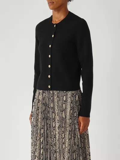 Michael Kors Stretch Wool Blend Cardigan With Crew Neck In Black