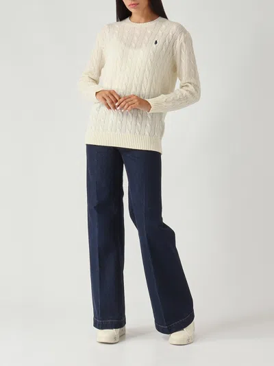 Polo Ralph Lauren Classic Cable Knit Sweater With Round Neckline And Ribbed Details In White