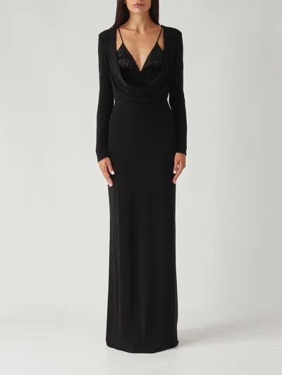 Elisabetta Franchi Maxi Dress With Draped Cowl Neckline In Black