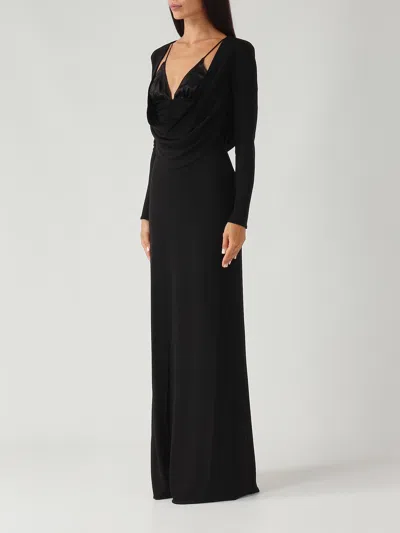 Elisabetta Franchi Maxi Dress With Draped Cowl Neckline In Black