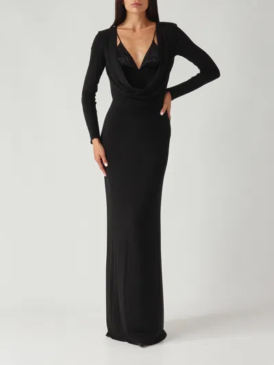 Elisabetta Franchi Maxi Dress With Draped Cowl Neckline In Black