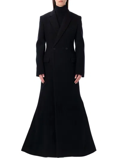 Balenciaga Double-breasted Long Wool Blend Coat With Flared Hem In Black