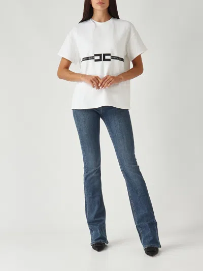 Elisabetta Franchi Crew Neck Relaxed Fit Short Sleeves Top In White