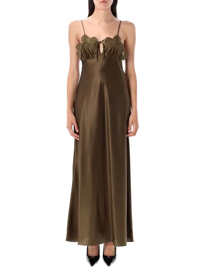Saint Laurent Long Lace Trimmed Slip Dress In Brown