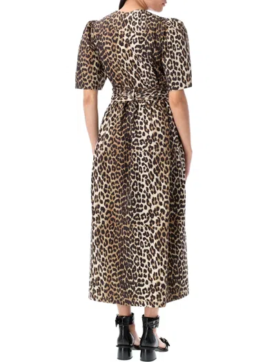 Ganni Leopard Printed Cotton Tie Strap Midi Dress In Brown