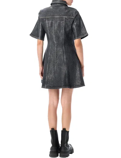 Ganni Shimmery Foil Flared Mini Denim Dress In Gray