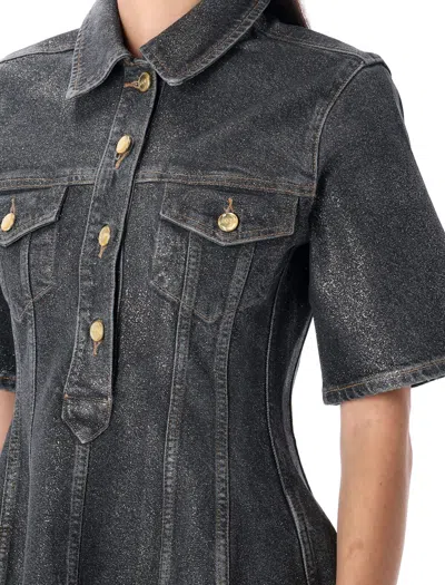 Ganni Shimmery Foil Flared Mini Denim Dress In Gray