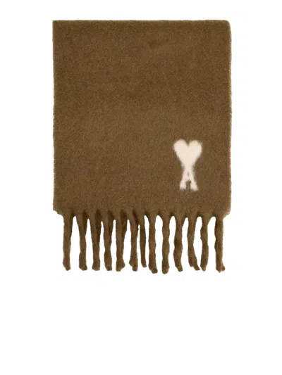 Ami Alexandre Mattiussi Rectangular Brown Alpaca Blend Scarf With Monogram Motif In Brown