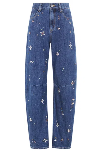 Self-portrait Blue Embellished Barrel Leg Jeans In Blue