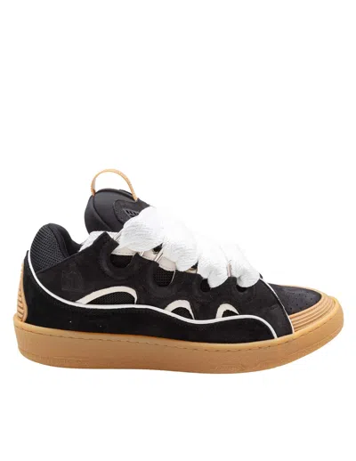 Lanvin Curb Leather And Fabric Sneakers, Black And Honey In Black