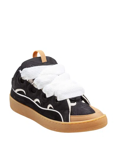 Lanvin Curb Leather And Fabric Sneakers, Black And Honey In Black