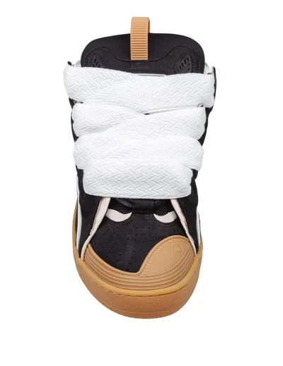 Lanvin Curb Leather And Fabric Sneakers, Black And Honey In Black