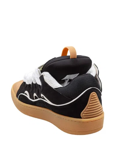 Lanvin Curb Leather And Fabric Sneakers, Black And Honey In Black