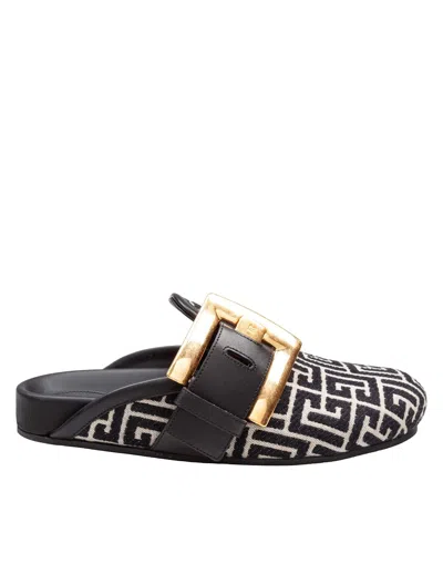 Balmain Anthem Mules In Jacquard Canvas With Pb Monogram In Black