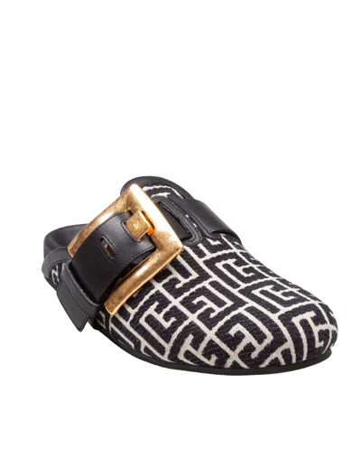 Balmain Anthem Mules In Jacquard Canvas With Pb Monogram In Black