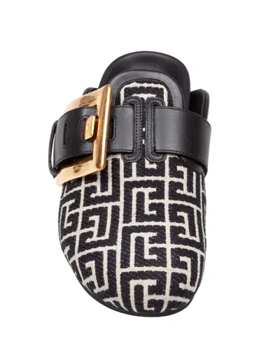 Balmain Anthem Mules In Jacquard Canvas With Pb Monogram In Black