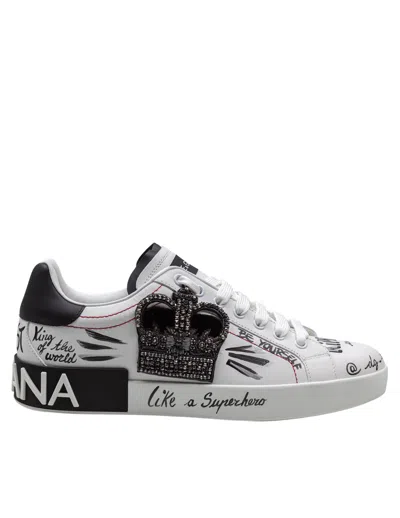 Dolce & Gabbana Portofino Leather Sneakers With Embroidery And Patches In Multi