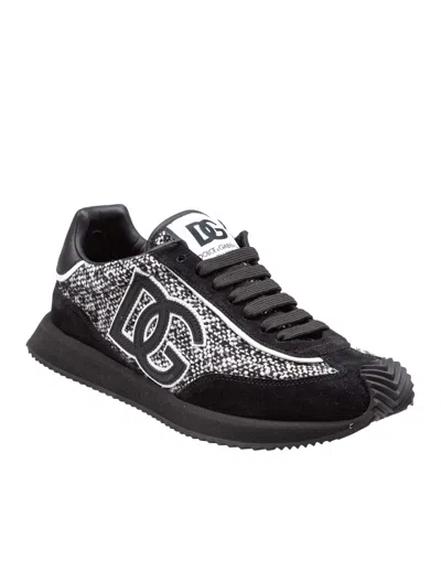 Dolce & Gabbana Cushion Sneakers In Leather And Fabric, Black And White In Multi