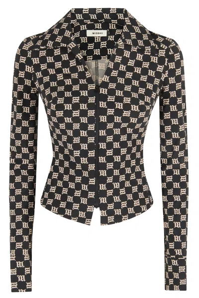 Misbhv Monogram Wide Collar Zip Up Shirt In Black
