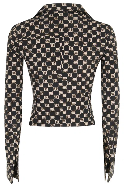 Misbhv Monogram Wide Collar Zip Up Shirt In Black