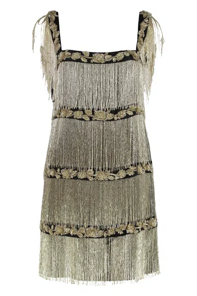 Alberta Ferretti Mini Dress With Fringes In Gold