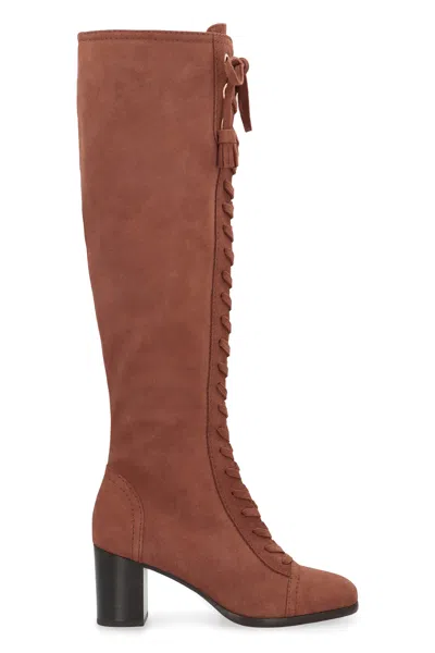 Alberta Ferretti Suede Knee High Boots In Brown