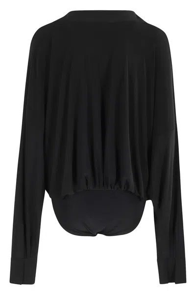 Norma Kamali Black Oversized Blouse With Ruffles And Fixed Hood In Tech Fabric Woman In Black