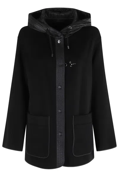 Fay Straight Silhouette Short Coat With Quilted Hood In Black